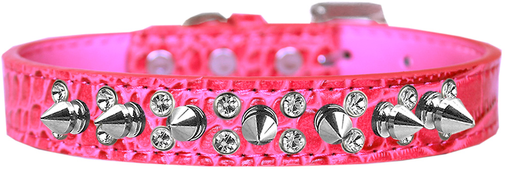 Double Crystal and Spike Croc Dog Collar Bright Pink Size 20